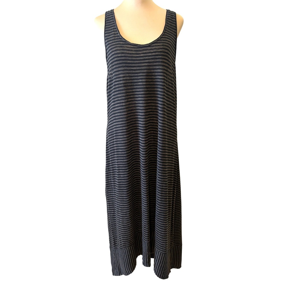 Eileen Fisher Maxi Dress Sz XL Grey Black Striped 100% Linen Racerback Coastal